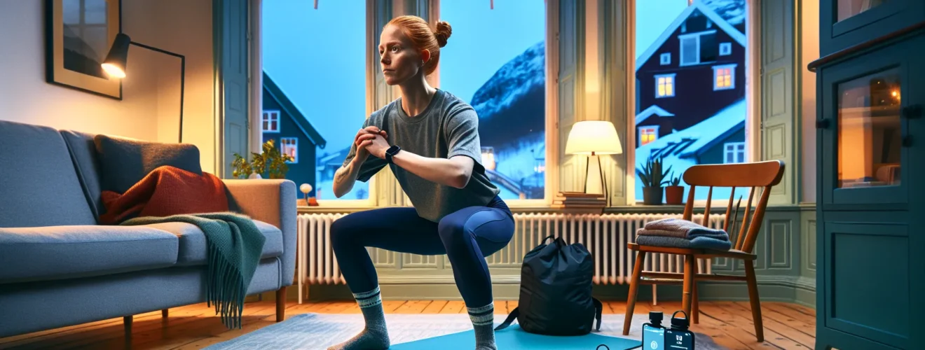 Beginner doing bodyweight squats in a norwegian apartment with minimal home equipment