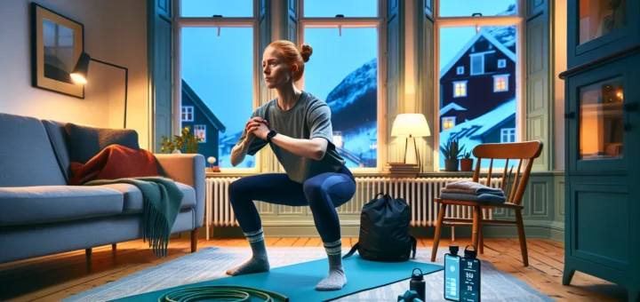 Beginner doing bodyweight squats in a norwegian apartment with minimal home equipment