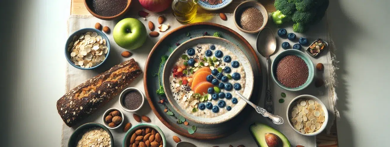 Cholesterol lowering nordic foods arranged on a sunlit scandinavian kitchen table