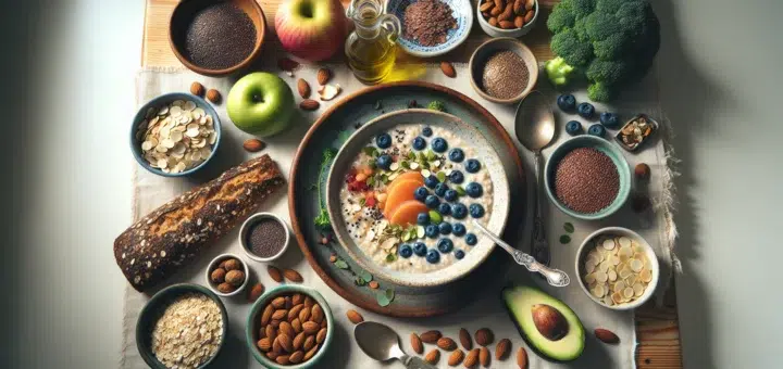 Cholesterol lowering nordic foods arranged on a sunlit scandinavian kitchen table