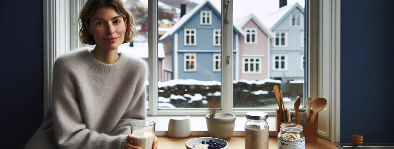 Norwegian adult taking a probiotic with kefir in a bright nordic kitchen