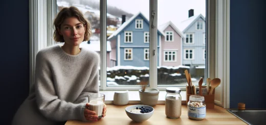 Norwegian adult taking a probiotic with kefir in a bright nordic kitchen