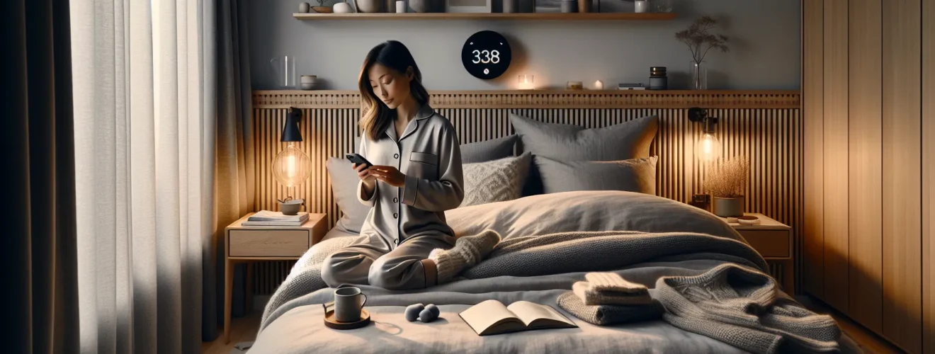 Norwegian bedroom at dusk with blackout curtains and simple sleep routine