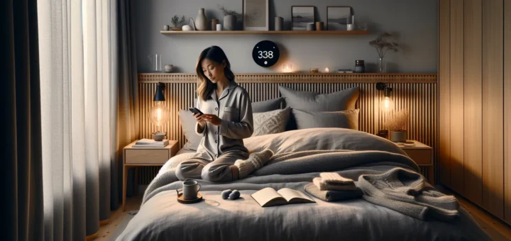 Norwegian bedroom at dusk with blackout curtains and simple sleep routine