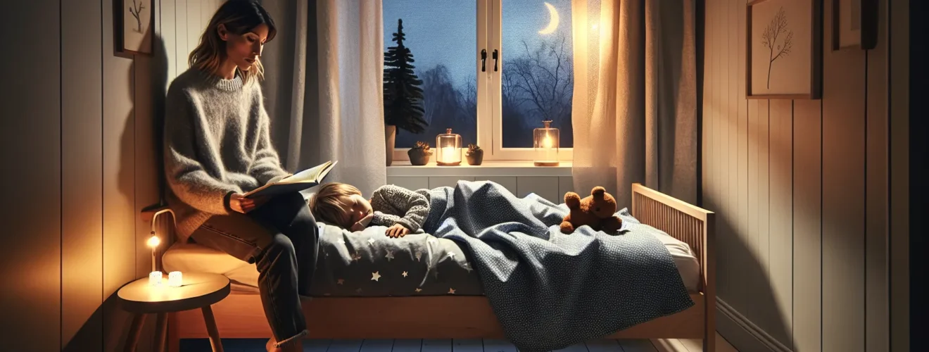 Norwegian mother reads a bedtime story to a sleepy toddler at dusk