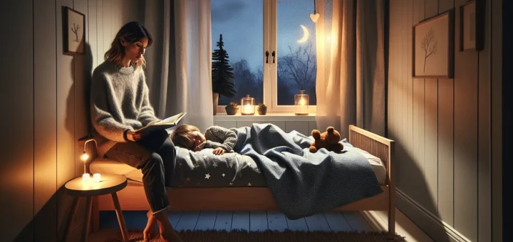 Norwegian mother reads a bedtime story to a sleepy toddler at dusk