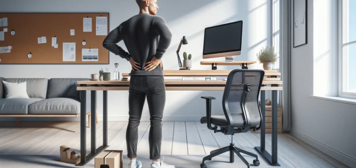 Norwegian office worker stretching at a sit stand desk with ergonomic setup