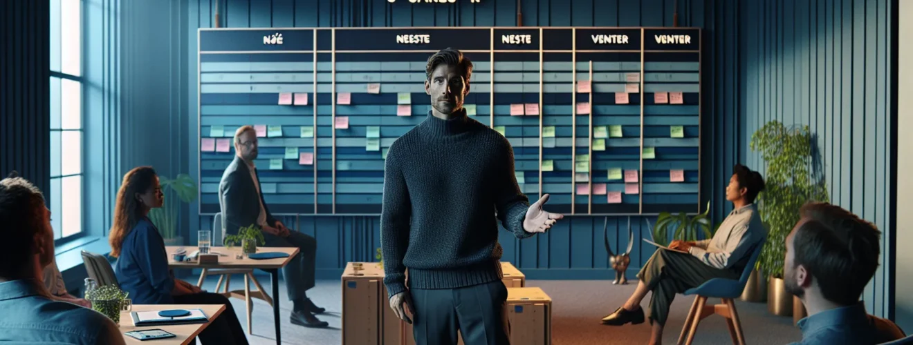 Norwegian team reviews a kanban board to prevent workplace burnout together