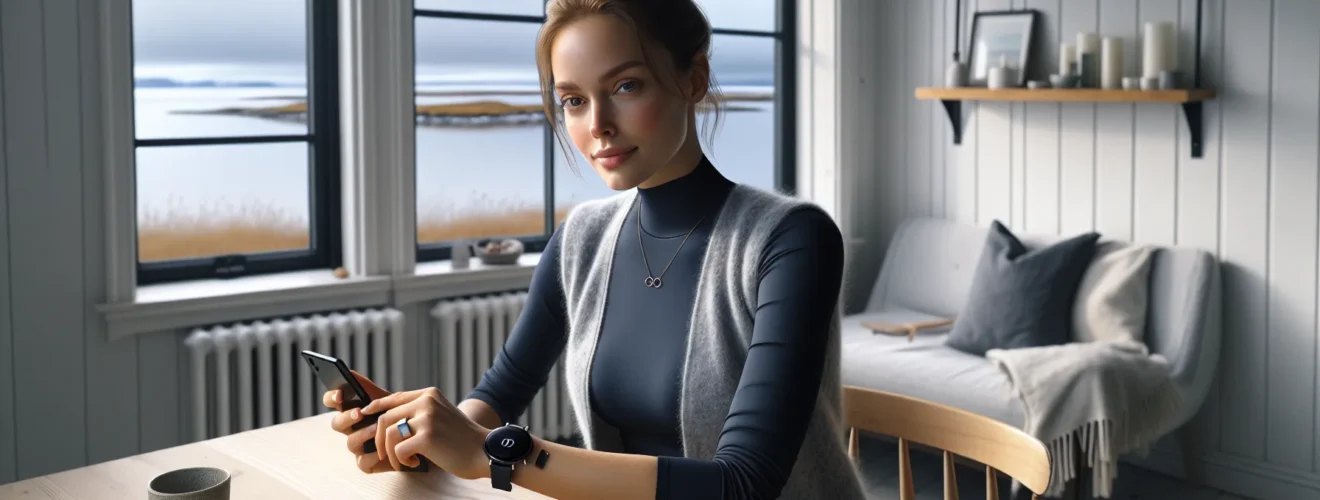 Norwegian woman checks wearable health data on phone in bright oslo apartment