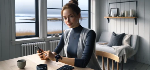 Norwegian woman checks wearable health data on phone in bright oslo apartment