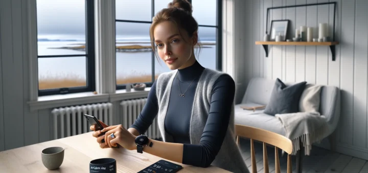 Norwegian woman checks wearable health data on phone in bright oslo apartment