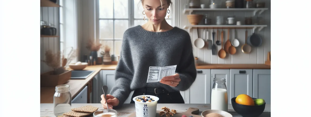 Norwegian woman comparing yogurt labels while choosing low sugar breakfast swaps