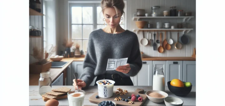 Norwegian woman comparing yogurt labels while choosing low sugar breakfast swaps