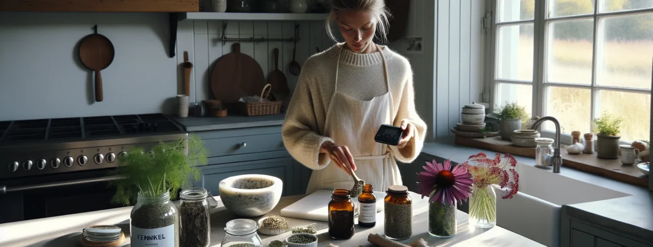 Norwegian woman measuring herbs for tea in a sunlit scandinavian kitchen