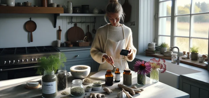 Norwegian woman measuring herbs for tea in a sunlit scandinavian kitchen