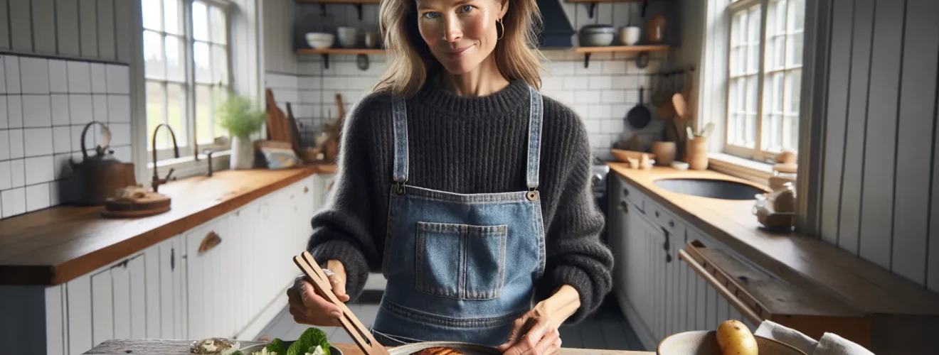Norwegian woman plating a balanced salmon vegetable and barley meal in daylight