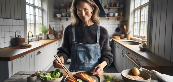 Norwegian woman plating a balanced salmon vegetable and barley meal in daylight