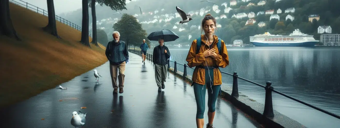 Person mindfully walking by lungegardsvannet in light rain bergen mountains behind