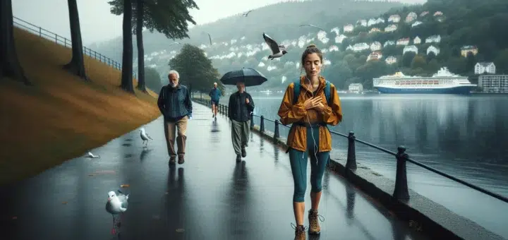 Person mindfully walking by lungegardsvannet in light rain bergen mountains behind