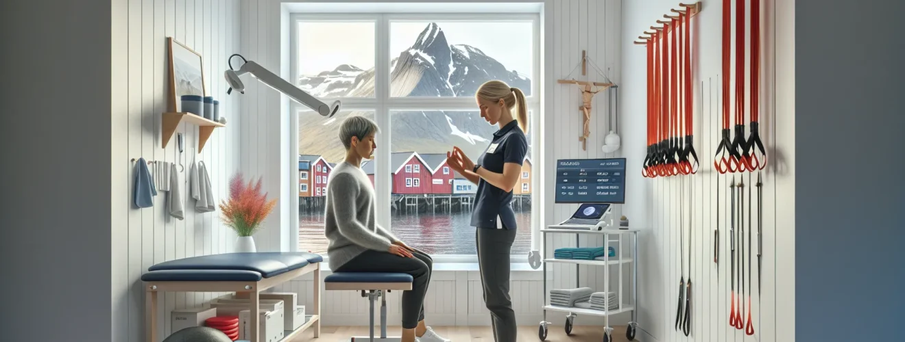 Physiotherapist assessing a patient in a bergen clinic with bryggen outside