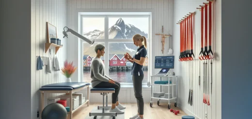 Physiotherapist assessing a patient in a bergen clinic with bryggen outside