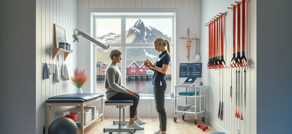Physiotherapist assessing a patient in a bergen clinic with bryggen outside