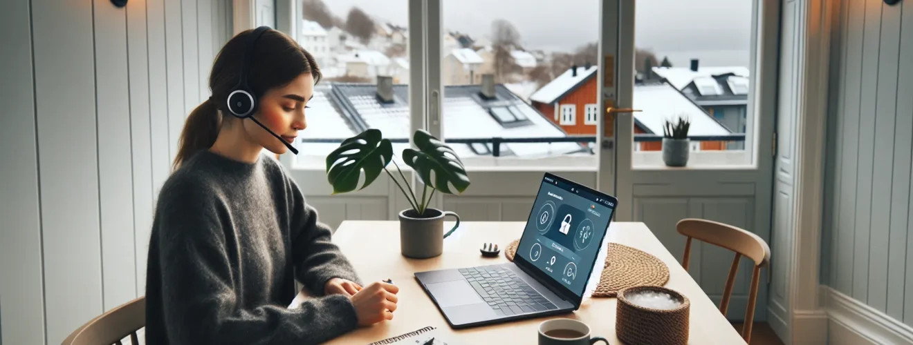 Woman in norway on video therapy call at home with secure telemedicine app