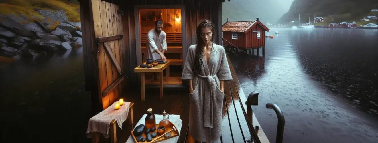 Woman on a rainy bergen pier by a glowing fjord sauna relaxing
