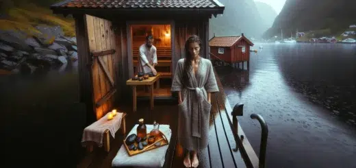 Woman on a rainy bergen pier by a glowing fjord sauna relaxing