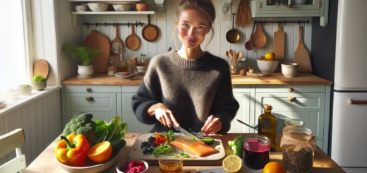 Woman preparing colorful salmon and vegetables in a sunlit norwegian kitchen