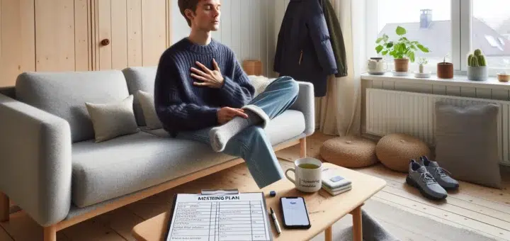 Young adult practices calming breath with anxiety log in a norwegian home